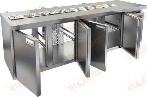 SL2T-1111/GN (1/6) стол охл.(+2+10), 4 секции, по 4 двери с 2х сторон, без крышки, 2280х700х850мм